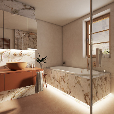 Umyvadlo, podomítkový modul dvoucestný, umyvadlová baterie podomítková, sprchová rukojeť a dlažba imitace stěrky a imitace mramoru v luxusní koupelně ARABESCA