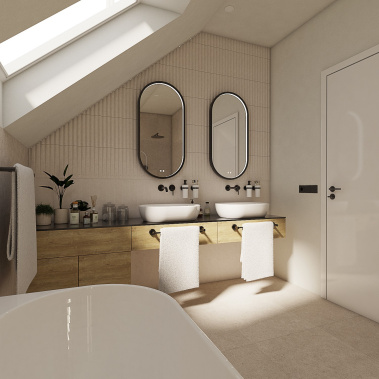 Umyvadlo, umyvadlová baterie podomítková, zrcadlo podsvícené, pohárek, dávkovač na mýdlo, dlažba imitace kamene a obklad patchwork & retro v přírodní koupelně AVORU