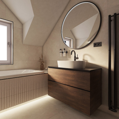 Koupelnový radiátor, umyvadlová baterie stojánková nízká, umyvadlo, zrcadlo podsvícené, obklad patchwork & retro a dlažba imitace stěrky v moderní koupelně STRIPES