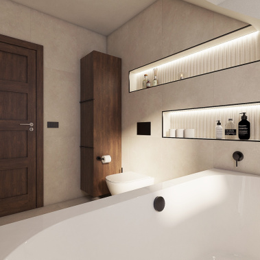 WC závěsné, podomítkový modul jednocestný, obklad patchwork & retro a dlažba imitace stěrky v moderní koupelně STRIPES