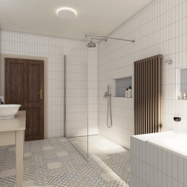 Sprchová hlavice závěsná, sprchové rameno, podomítkový modul dvoucestný, umyvadlo závěsné, dlažba patchwork & retro a obklad patchwork & retro v retro koupelně PAJE