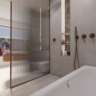 Podomítkový modul jednocestný, vanová baterie podomítková, dlažba imitace stěrky a obklad imitace mramoru v luxusní koupelně AMAZZONITE