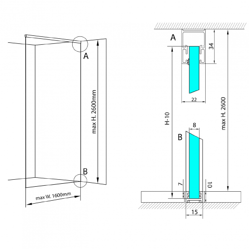 Sada pro uchycení skla | podlaha-stěna-strop | ARCHITEX LINE | max. šířka 1600 | leštěný hliník