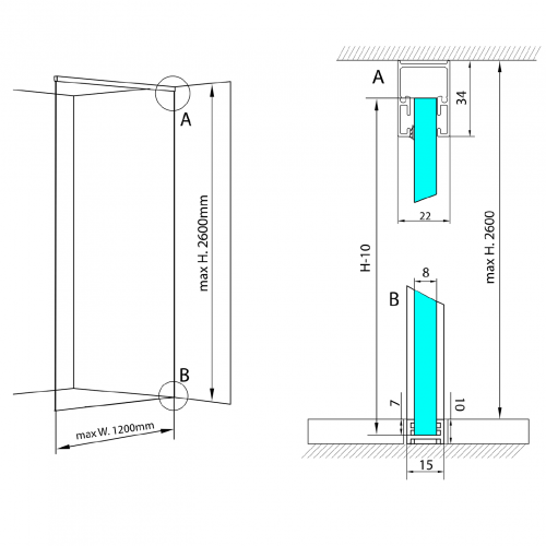 Sada pro uchycení skla | podlaha-stěna-strop | ARCHITEX LINE | max. šířka 1200 | leštěný hliník