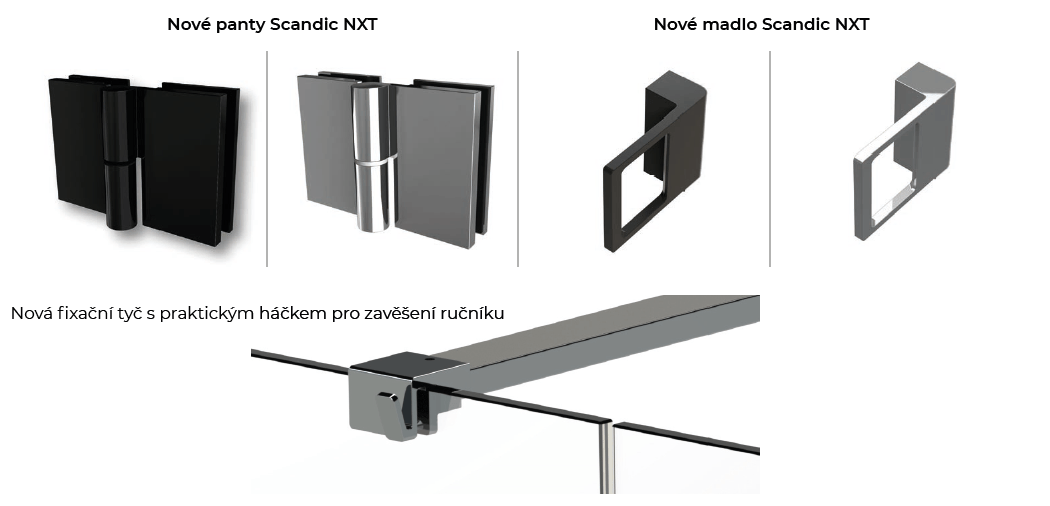 Sprchová zástěna SCANDIC NXT - panty - madlo - fixační tyč 