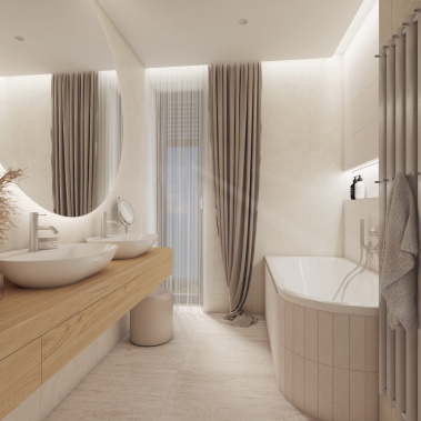 Sprchová rukojeť, umyvadlová baterie stojánková nízká, podomítkový modul dvoucestný, obklad patchwork & retro a dlažba imitace kamene v moderní koupelně VEIN