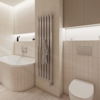 WC závěsné, sprchová rukojeť, podomítkový modul dvoucestný a koupelnový radiátor v moderní koupelně VEIN