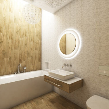 Umyvadlová baterie podomítková, vanová baterie stojánková, umyvadlo, dlažba imitace dřeva a obklad dekor v elegantní koupelně FIORE, pohled od toaletního stolku